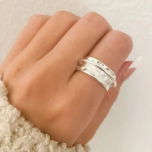 925 Sterling Silver Hammered Ring Heart Ring Chunky Ring Large Statement Ring - Picture 7 of 16